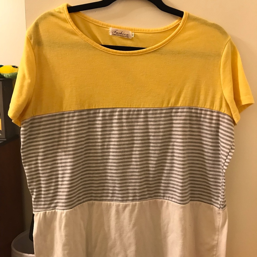 Yellow grey and white color block shirt